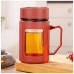 Kubek bidon ze szkła na Kawę Herbatę z uchwytem czerwony 500 ML CUP18CZE - obrazek 2