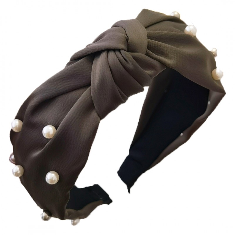 opaska-turban-z-materialu-gruba-perelki-khaki-o227br Opaska turban z materiału gruba perełki khaki O227BR - obrazek 1
