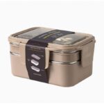 Śniadaniówka LUNCH BOX z widelcem, stal nierdzewna, 2 poziomy, kremowy PJM50K - obrazek 3
