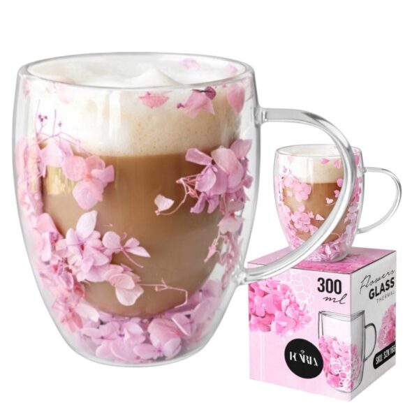 Szklanka termiczna z kwiatami w środku, gipsówka hortensje róż 300 ml 1szt SZK165