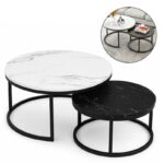 Zestaw okrągłych stolików kawowych 2w1 biało czarny marmur 60 i 80 cm STL14BCZ